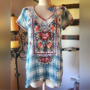 Johnny Was Blue guaze cotton Plaid Floral Embroidered Blouse metallic xs s